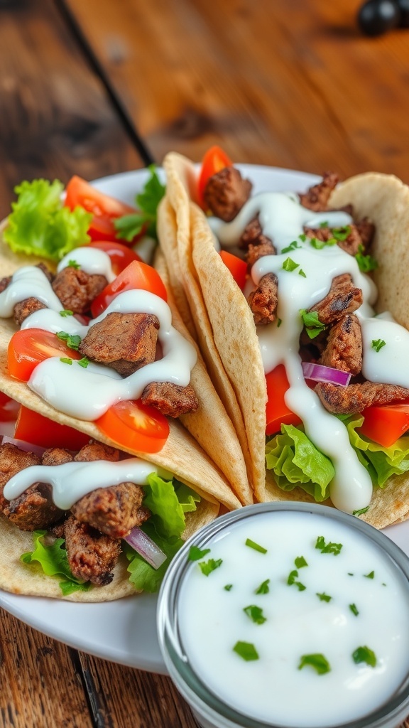 A plate of homemade gyros in pita bread with grilled meat, tomatoes, onions, and tzatziki sauce.